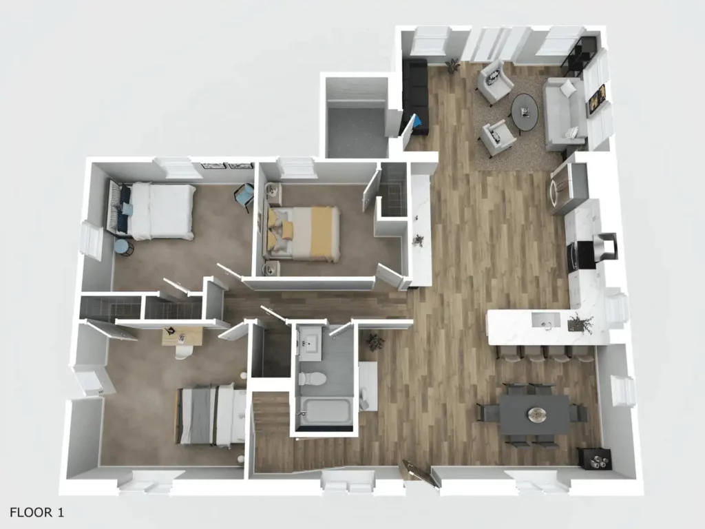 3D visualization of a two-bedroom apartment, highlighting real estate floor plans for prospective homeowners.