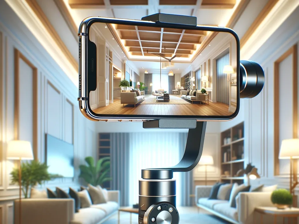 A smartphone on a gimbal in a living room, set up for filming a real estate video.